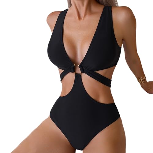 Women's Deep V Neck One Piece Swimsuit O-Ring Swimwear Sexy Cut Out Bathing Suit
