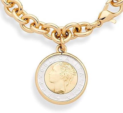 Miabella 18K Gold Plated Bronze Italian Genuine 500-Lira Coin Charm Rolo Link Chain Bracelet for Women Made in Italy