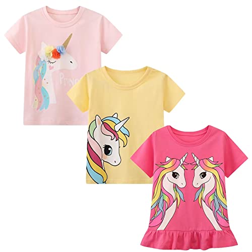 Girl Short Sleeve Tee Shirt Unicorn Cotton Casual Crewneck Graphic Tops T-Shirts Pink Yellow 3 Packs Sets Size 73