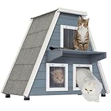 PETSFIT Outdoor Cat House for Winter, Insulated Cat House Outdoor- 3 Sided Weatherproof Asphalt Roof, 3 Doors with Escape Door, Small Rabbit Hutch Grey