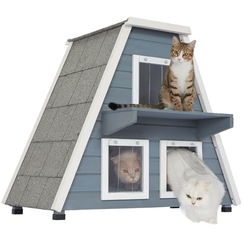 PETSFIT Outdoor Cat House for Winter, Insulated Cat House Outdoor- 3 Sided Weatherproof Asphalt Roof, 3 Doors with Escape Door, Small Rabbit Hutch Grey