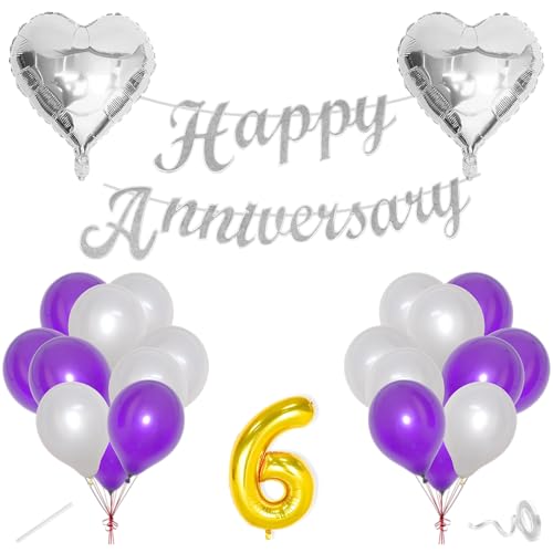 Image of Flyloons 6th Happy Anniversary Decoration Items Purple for Men Women Husband Wife Mom Dad Parent Couple Home Bedroom Car With 20 Pcs Metallic Balloons Anniversary Banner 2 Pcs Heart Set Kit