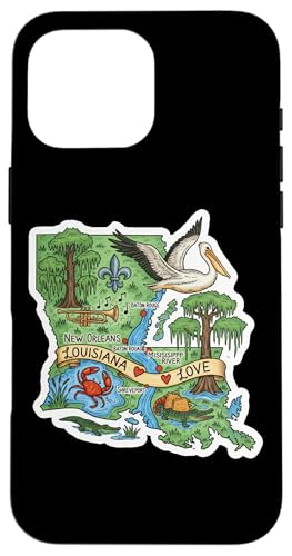Image of Louisiana Love Map Art with Southern Charm and Pride Case for iPhone 16 Pro Max