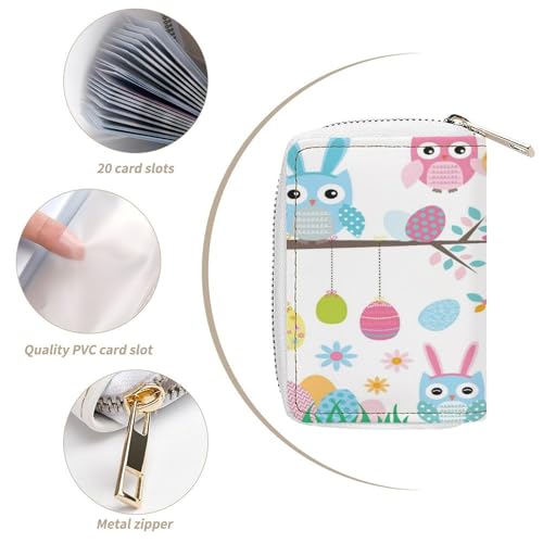 Women Leather Coin wallet, Key Change Organizer Zipper Card Holder Purse Clutch Pouch Pocket 4.5x3.15 in Print Easter Owl Cartoon Style Flowers Eggs Seamless on White4