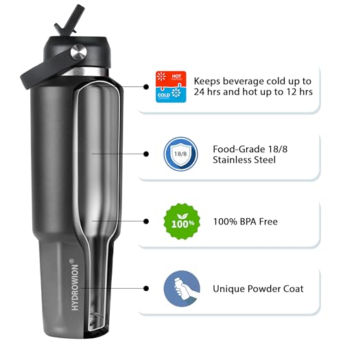 Image of HYDROWION 40 oz Insulated Water Bottle, Car Water Bottle Holder - Double Wall Vacuum Insulated Travel Bottle with Straw Lid, Spout Lid and Flex Cap - Cold for 24H, Hot for 12H, Black - Grey