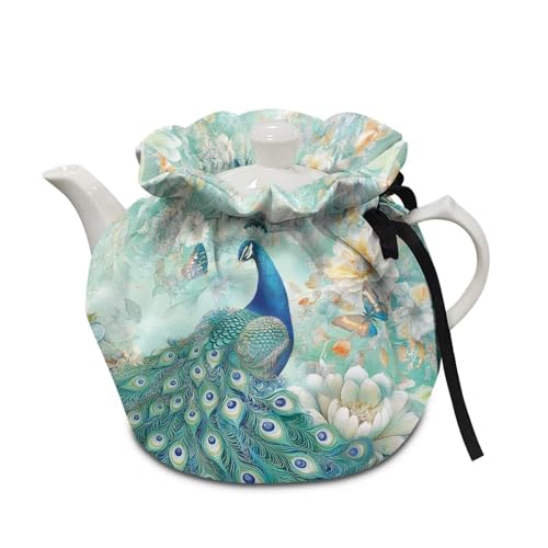 Image of Xoenoiee Peacock Butterfly Peony Floral Print Tea Cozy Cotton Tea Cosy for Teapots Keep Warm Teapot Cover Insulated Kettle Cover for Home Kitchen Table Decor
