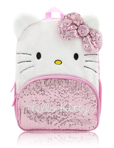 Mochila Sanrio Hello Kitty para meninas | Mochila de pelúcia de 40,6 cm com orelhas 3D, laço de lantejoulas e rosto de pele sintética | Mochila escolar Hello Kitty rosa para crianças, crianças e