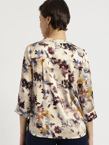 Image of FableStreet Women Shirt Work & Casual | Relaxed Fit Mandarin V-Neck Three-Quarter Sleeves Solid Pattern | Breathable Woven Fabric for Office & Everyday Wear