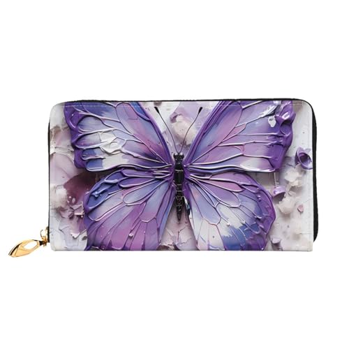 Leather Women Wallets, Long Credit Card Holder, Purple Oil Painting Butterfly Print Billfold Clutch & Travel Purse Large Capacity