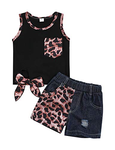 Toddler Baby Girl Clothes Summer Outfits Sleeveless Vest Top Tshirt + Leopard Shorts 2pcs Kid Clothes Set (Black, 18-24M)