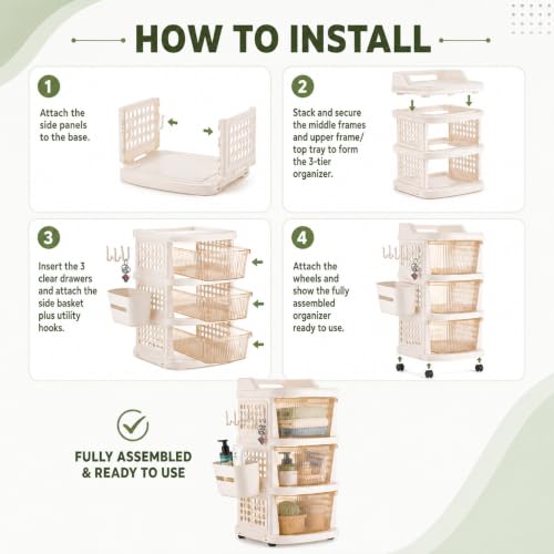 Image of Homeor 3 Tier Plastic Storage Drawer Cabinet with Wheels, Modular Chest of Drawers Organizer with Side Basket & Handle, Storage Trolley Rack for Home, Kitchen, Bedroom, Kids Room (Ivory Transparent)