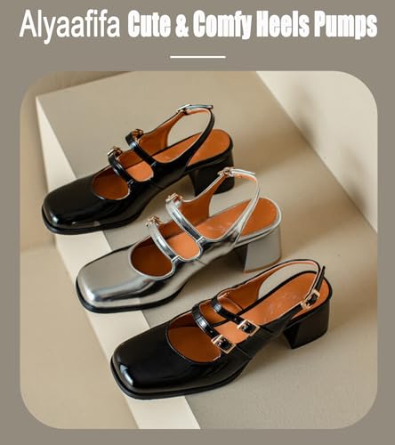 Alyaafifa Block Heel Ankle Strap Mary Jane Bow Pumps for Women Closed Square Toe Patent Leather Comfortable Dressy Shoes with Buckle Party Event Wedding Date Prom School4