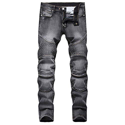 Chowsir Men Vintage Skinny Moto Biker Jeans Stretch Ripped Patch Jeans Straight Denim Pants