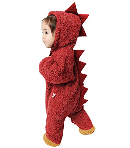 Infant Baby Girl Boy Dinosaur Hooded Romper Onesies Zip Up Jumpsuit Pajamas Clothes Set (Red, 9-12 Months)