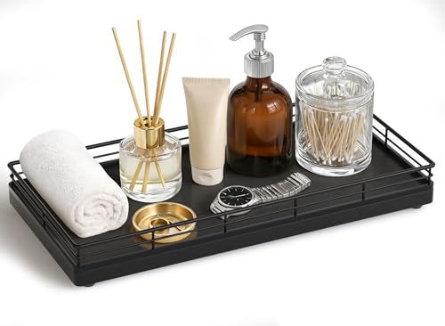 Bathroom Vanity Tray for Countertop, 12" x 6" Oak Wood Toilet Tank Tray with Metal Guardrail, Bathroom Organizer for Soap, Perfume & Skincare, Non-Slip Decorative Tray for Dresser & Vanity, Black