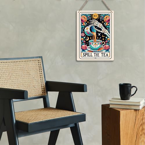 Funny Tarot Card Wall Art Decor Rustic Hanging Sign, Sarcastic Skeleton Tea Lovers Farmhouse Wall Hanging Decor, Witchy Stuff Witchcraft Supplies, Therapist Gifts for Women Decorative Wooden Sign