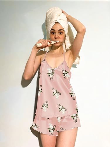 Image of Ekouaer Silk Pajamas for Women Satin Cami V Neck Camisole Shorts Pjs Set | Adjustable Strap Sleepwear Lingerie Sets for Women for Wedding, Party, Home, Daily Wear, Honeymoon