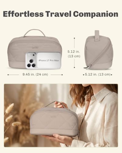 Image of Hynes Eagle Travel Makeup Bag for Women Puffy Cosmetic Organizer Pouch Open Flat Toiletry Bag for Toiletries Brushes Structured Base Classic Camel