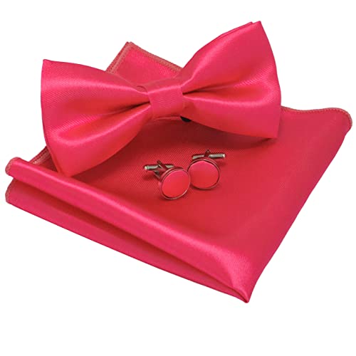 JEMYGINS Einfarbig Fliege und Einstecktuch mit Manschettenknöpfe Sets für Herren,Rosa