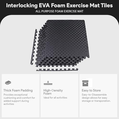 Image of BalanceFrom Puzzle Exercise Mat 3 /4 inch Thick, EVA Interlocking Foam Floor Tiles for Home Gym, Mat for Home Workout Equipment, Floor Padding for Kids, Black, 24 in x 24 in x 3 /4 in, 24 Sq Ft - 6 Tiles
