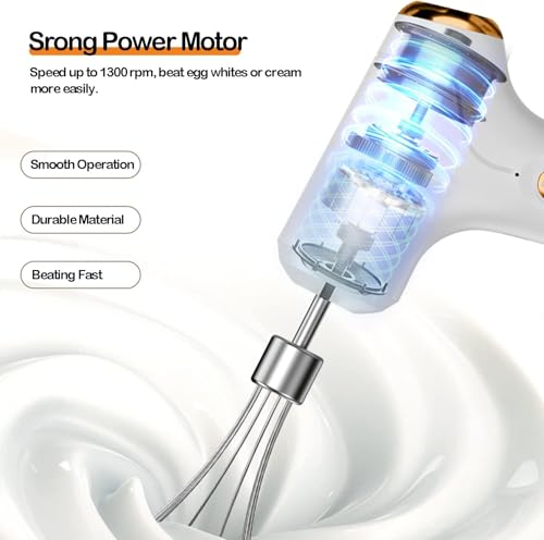 Electric Hand Whisk, USB Rechargeable, Wireless Portable Egg Beater with 2 Detachable Whisks with 3 Speed Modes for Eggs/Milkshake Cream/Butter/Baby Food, Fit for Kitchen/Camping/Gifts (White) - Image 3