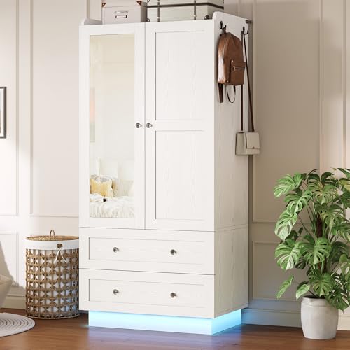 IRONCK Wardrobe Closet with LED Light & Mirror, Wooden Modern