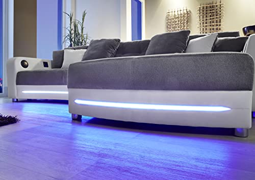 Multimedia Ecksofa B322/T190/H88 cm mit RGB-LED Beleuchtung, Soundsystem inkl. Bluetooth, USB, AUX-in, Couch spiegelverkehrt montierbar, Korpus in Kunstleder Weiß u. Bezug in Mikrofaser Grau / 15410 – Bild 6