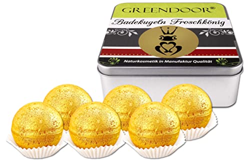 GREENDOOR Badepralinen Geschenkset Froschkönig 480g, 6 natürliche goldene Badekugeln, pflegende Bio Kakaobutter, Badezusatz Natur, Badebomben Set, Naturkosmetik zum Verschenken, Baden, Geschenke