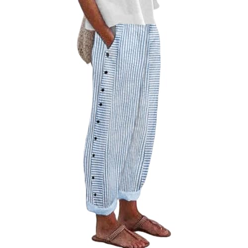 Women's Side Pockets Blue and White Striped Wide Leg Pants with Pockets 2025 Summer Casual Elastic Waistband Trousers