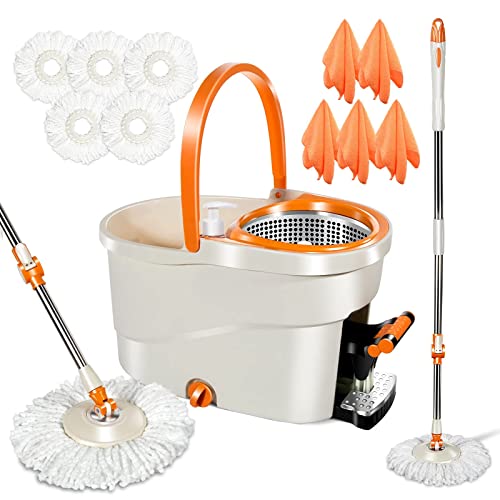 Myiosus Kit Balai Serpillère et Seau Essoreur à Pédale, Balai Serpillere en Microfibre avec Poignée en Acier INOX pour Nettoyage Sol - 5 Tampons et 5 Chiffon de Nettoyage (Blanc)