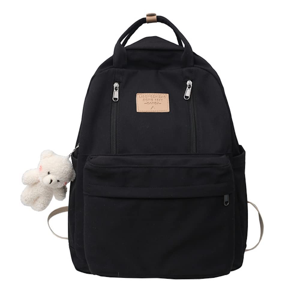 AONUOWE Preppy Backpack with Plushies Cute Backpack for Teen Girls Light Academia Bookbags Solid Aesthetic School Bag(Black)