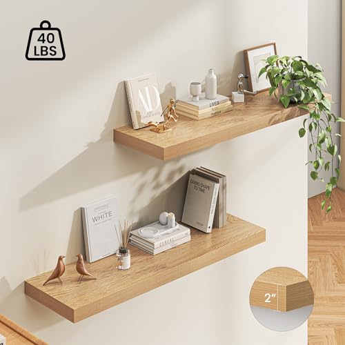 Image of Dreamland 48 inch Floating Shelves for Wall, 12 inch Deep Thicker Oak Floating Shelves, Wall-Mounted Shelves for Bedroom, Living Room, Kitchen, Bathroom - Set of 2
