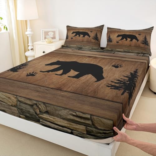 Manfei Rustic Bear Fitted Sheet Full Size, Wildlife Hunting Theme Bed Cover with 2 Pillowcases, Wooden Board Bedding Set 3pcs for Kids Boys Teens Room Decor, Soft Polyester Bedding