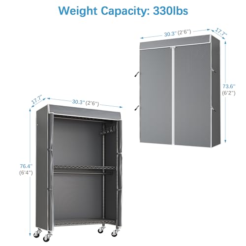 VIPEK R2C Medium Rolling Garment Rack with Cover Heavy Duty Clothes Rack Adjustable Clothing Rack for Hanging Clothes Portable Closets with Double Rods, Wardrobe on Wheels, Black Rack with Grey Cover by VIPEK - Image 7