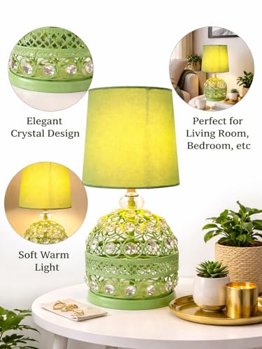 Image of Modern Small Crystal Table Lamp,Contemporary Bedroom Bedside Nightstand Lamp,Morden Minimalist, Desk Globe Lamp for Living Room Girls Kids Room, White Fabric Shade (Green)