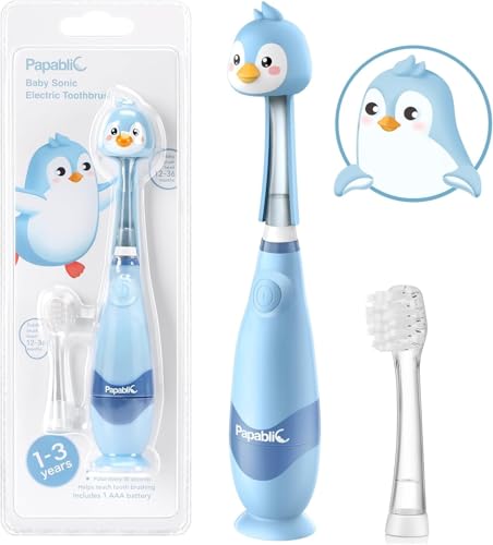 Papablic Toddler Sonic Electric Kids Toothbrush for Ages 1-3 Years Baby Electric Toothbrush with Cute Penguin Cover and Smart LED Timer 2 Brush Heads (Pippin)