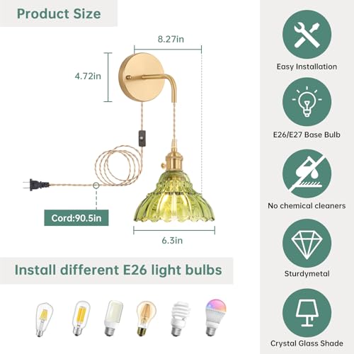Image of Shenmoyl Vintage Plug in wall sconces Set of 2, 4.9FT Corded Wall Lamps with Green Lily of The Glass Shade Hanging, Green sconces wall Decor for Bedroom Living Room Hallway Doorway