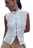 Camisa de Encaje con Cuello Mandarín para Mujer con Botones Cuello Alto Semi Transparente Floral Camiseta sin Mangas Chaleco Vintage Blusas, blanco, M