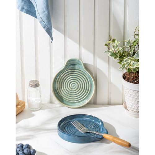 Image of Spoon Rest, 5.5 Inch Ceramic Spoon Holder for Kitchen Counter, Coffee Spoon Rest for Stove, Cooking Spoon Holder, Utensil Rest for Cooking, Forest Green