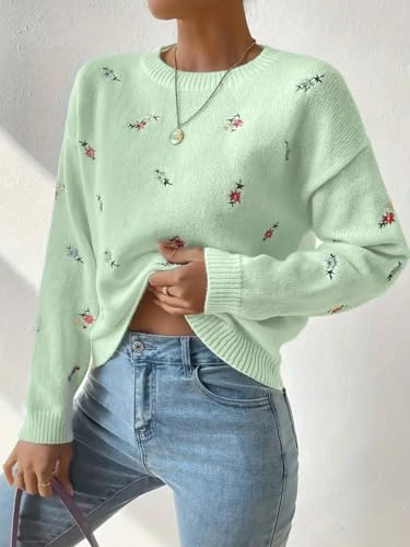 Women Ditsy Floral Embroidered Sweater Crewneck Long Sleeve Pullover Knitwear Loose Knit Jumper Tops3