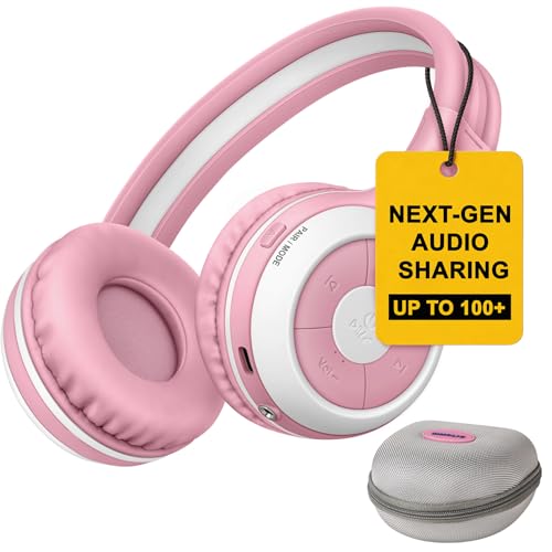 Image of SIMOLIO Manyshare Wireless Kids Headphones w /Case, Built-in Mic for School | Share One Audio Source with Multiple Headphones Wirelessly. Kids Bluetooth Headphones for Classroom, Family Trips & Parties