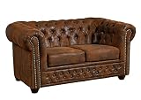 MASSIVMOEBEL24.DE | Sofa Chesterfield, 2 Sitzer Couch Leder Optik, braun im englischen Kolonialstil 148x86x72, Chesterfield Serie