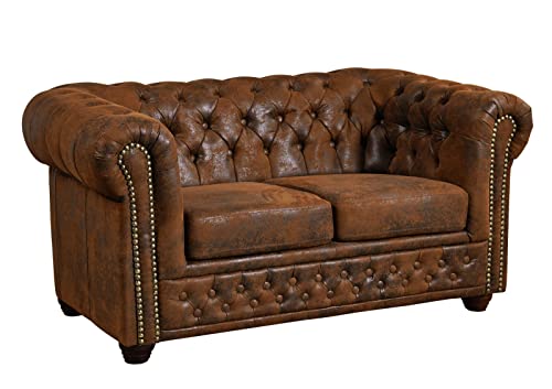 MASSIVMOEBEL24.DE | Sofa Chesterfield, 2 Sitzer Couch Leder Optik, braun im englischen Kolonialstil 148x86x72, Chesterfield Serie