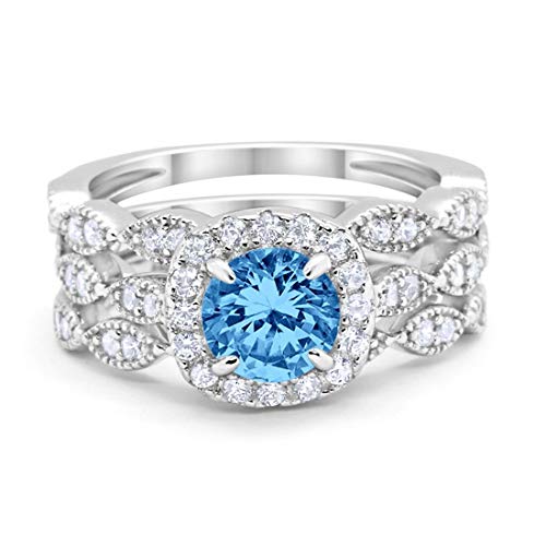 Halo Art Deco Three Piece Wedding Engagement Bridal Set Ring Band Solid Simulated Blue Topaz 925 Sterling Silver, Size-8