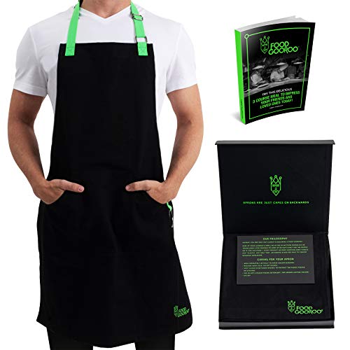 Food GooRoo Kitchen Apron with Pockets - Detachable Metal Utensil Ring - Canvas