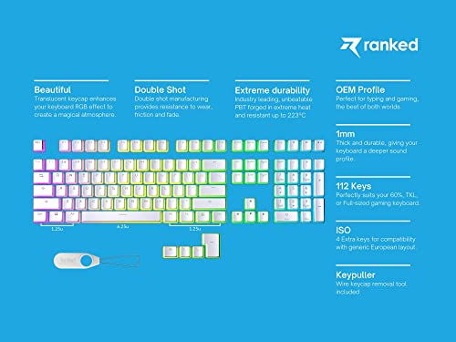 Ranked Klawisze Pudding PBT | 112 Układ Półprzezroczystych Podwójnych Strzałów ANSI US i ISO | Profil OEM dla Mechanicznej Klawiatury do Gier RGB (Bialy)