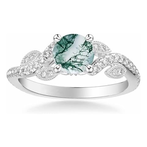 Blocaci Leaf Natural Moss Agate Rings for Women 1CT Green Moss Agate Engagement Ring with Moissanite 925 Sterling Silver 10K 14K 18K Gold Promise Rings for Her(14K Gold) Cover