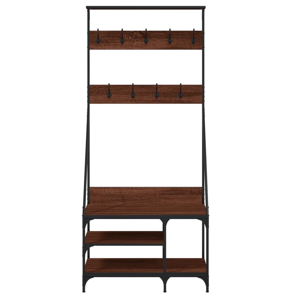 Kleiderständer Garderobe mit Schuhablage in Braun Eichen-Optik, Holzwerkstoff und Metall, 80x40x184 cm, freistehend, platzsparend, mit Haken und Rollen für Schlafzimmer und Flur