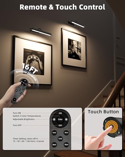 Image of EZVALO 13-Inch Wireless Picture Light, 4000mAh Rechargeable Battery LED Art Light with Remote, Dimmable 3 Color Temps Painting Light for Living Room, Bedroom, Hallway (Black)