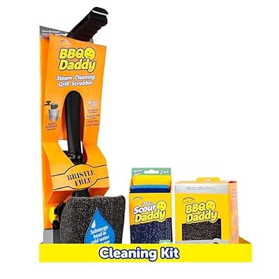 Scrub Daddy BBQ Daddy Grill Cleaner Kit - Bristle Free Grill Brush with Refill + 2 Steel Scour Daddy Grill Sponges - Built-in Grill Scraper - Temperature Controlled Grill Cleaning Tools (4 Count)